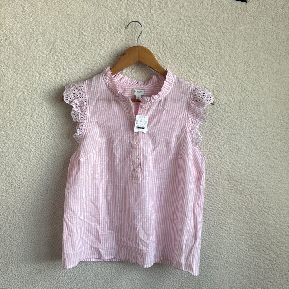J. Crew Pink and White Striped Lace-Sleeve Sleeveless Blouse